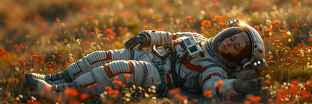 Astronaut in a field of poppies. 3d illustrationの素材