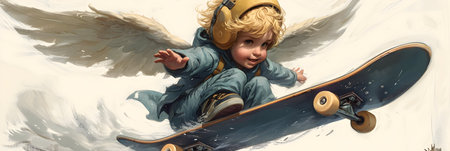 Cute little boy with wings and skateboard. Retro style.の素材