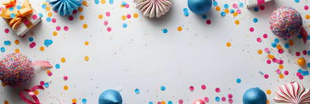 top view of colorful confetti and birthday cakes on white background, panoramic shotの素材