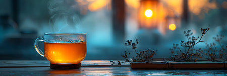 Cup of tea on the table in front of the window.の素材