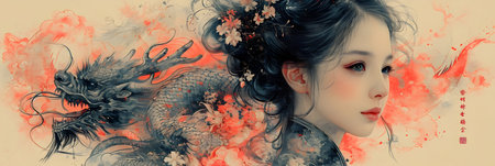 Beautiful asian woman with dragon and flowers in her hair.の素材