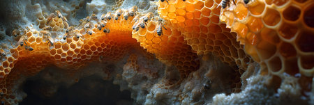 Drop of bee honey drip from hexagonal honeycombs filled with golden nectar, honeycombs summer composition consisting of drop natural honey, drip on wax frame bee, drop of bee honey drip in honeycombsの素材