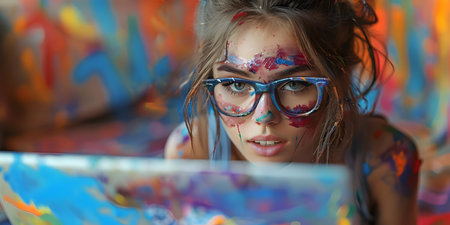 Portrait of a beautiful young woman with creative make-up and artistic painting.の素材