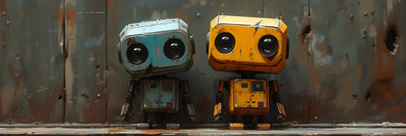 3d rendering of two old robot toys on rusty metal background.の素材