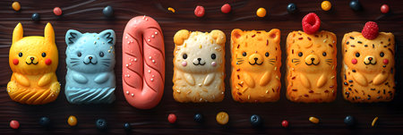 Candy and sweets in the form of bears, cats and dogs on a wooden background.の素材