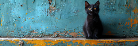 Cute black kitten sitting on a blue wall background with yellow eyesの素材
