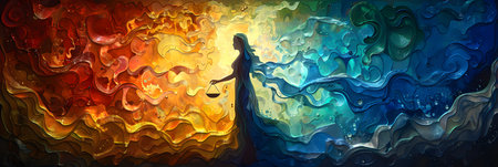 Jesus Christ and Mary on the cross. Colorful abstract background.の素材