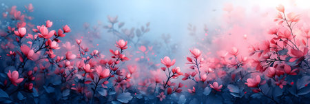 Beautiful blooming magnolia branch with pink flowers on blue backgroundの素材