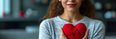 Cropped view of young woman holding red heart in hands at homeの素材