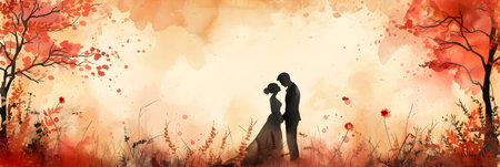 Wedding couple in autumn landscape. Watercolor painting. Vector illustration.の素材