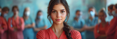 Portrait of beautiful nurse in uniform standing in hospital corridor. Selective focus.の素材