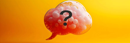 Question mark in speech bubble on orange background. 3d illustration.の素材
