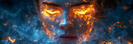 Close-up portrait of a female face with fire on her faceの素材