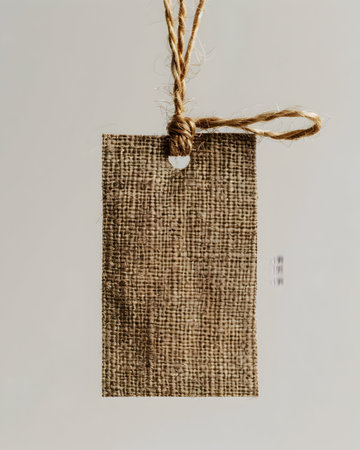 Burlap tag hanging on a string with copy space for textの素材
