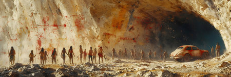 3D rendering of a group of people in a cave with a carの素材