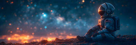 Astronaut sitting on the ground and looking at the camera.の素材