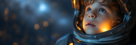 Portrait of a little boy dressed as an astronaut in the space.の素材