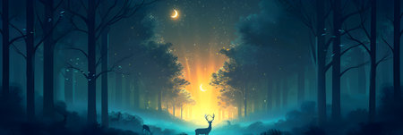 Silhouette of deer in the forest at night. Vector illustrationの素材
