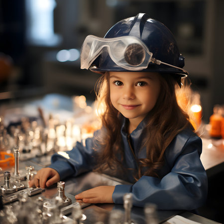 Cute little girl in safety helmet and goggles playing chess at homeの素材