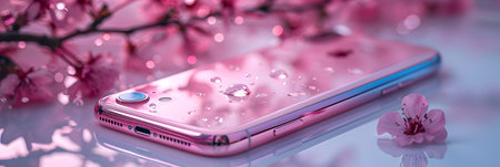 Pink smartphone with water drops on the screen and blooming sakura branch.の素材
