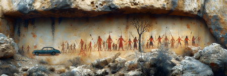 Carving on the walls of the cave. 3D illustrations.の素材