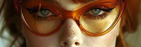Close-up portrait of beautiful red-haired woman in orange glassesの素材