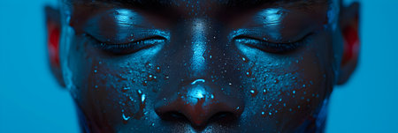 Close-up portrait of a beautiful young woman with black paint on her faceの素材