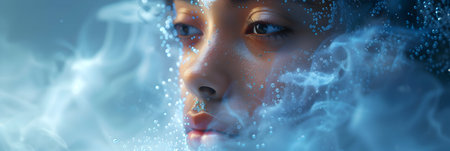 Close-up portrait of a beautiful girl with blue eyes and smoke on her face.の素材