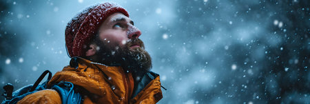 Portrait of a bearded man in a red jacket on a background of a winter forest.の素材