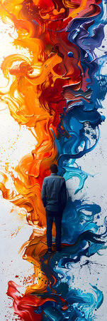 Businessman looking at colorful oil paint splashes on white background.の素材