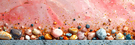 Panoramic image of pink and blue sea pebblesle backgroundの素材