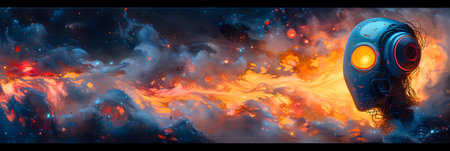 3d rendering of a gas mask in a dark space with fireの素材