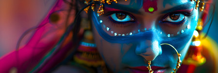 Close-up portrait of a beautiful Indian woman with bright make-up.の素材