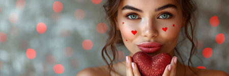 Beautiful young woman with red heart on her face. Valentines day concept.の素材