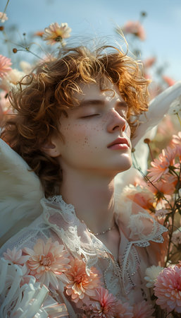 Portrait of a beautiful girl with angel wings in the field.の素材