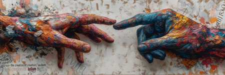 Hands of a man and a woman painted with acrylic paints.の素材