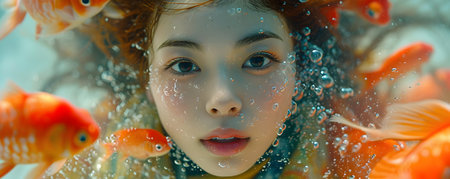 portrait of a beautiful red-haired girl with water drops on her faceの素材