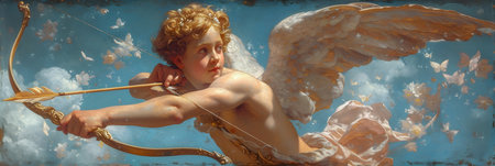 Beautiful cupid with bow and arrow in the blue sky.の素材