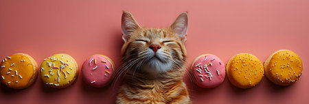 Funny ginger cat with colorful donuts on pink background. Top view.の素材