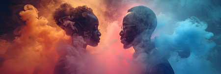 Portrait of a man and a woman looking at each other against red and blue smokeの素材