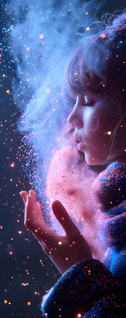 Portrait of a beautiful young woman blowing on a cloud of dust.の素材