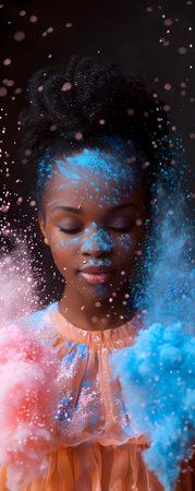 Portrait of a beautiful African American woman in a pink dress with powder on her faceの素材