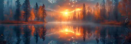 Foggy morning on the lake in the forest. Panoramaの素材