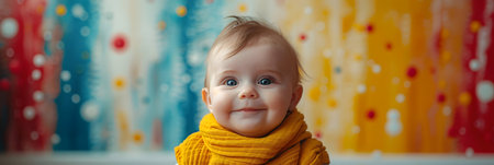 Cute baby boy in yellow sweater and yellow scarf on background of colorful Christmas garlandの素材