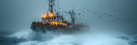 Fishing trawler in a stormy sea, panoramaの素材