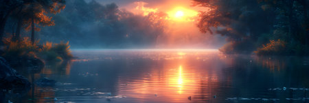 Foggy sunrise over the lake. Panoramic view.の素材