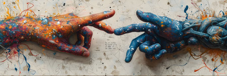 Hands of man and woman painted in different colors. Conceptual image.の素材