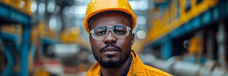 Portrait of African-american male worker in safety helmet and glasses in warehouseの素材