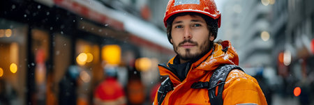 Portrait of a young man in a protective helmet and an orange jacket.の素材