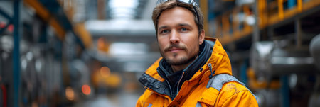 Portrait of a male worker in an industrial plant. Selective focus.の素材